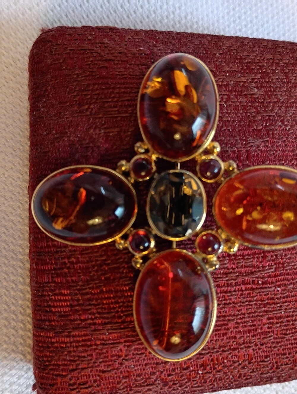 Vintage Sterling Baltic Amber Gemstone Monarch Cross Brooch Pendant Mark LB 925